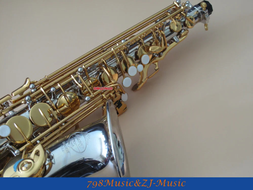 Nickel Plated Body and Gold Lacquer Alto Saxophone sax Eb High F# Saxofon New Case