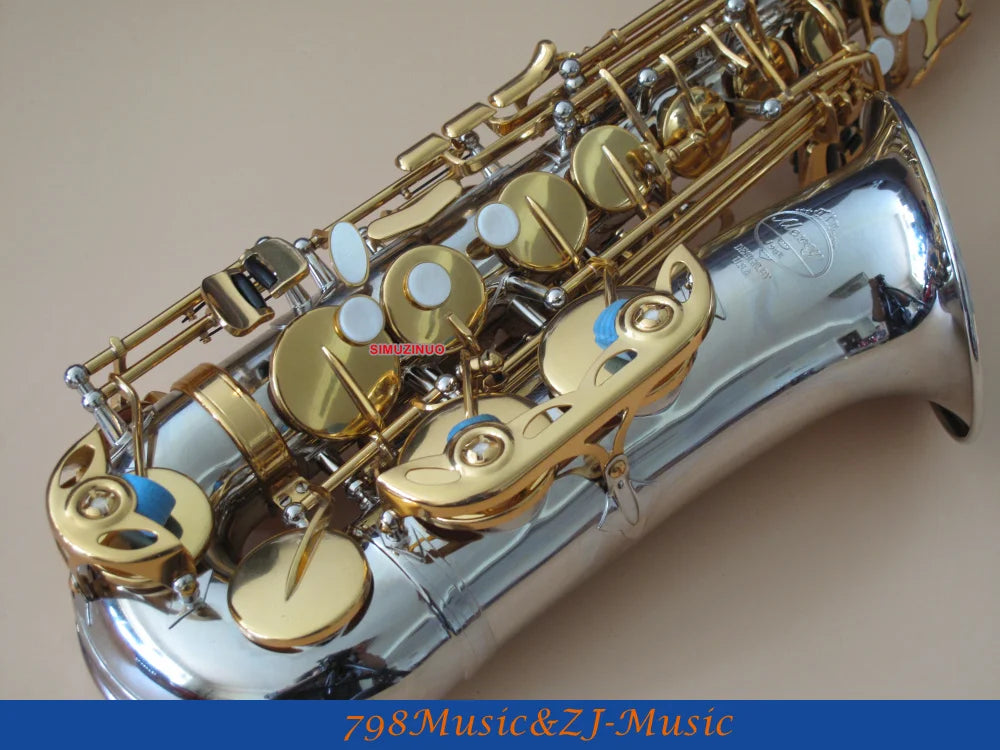 Nickel Plated Body and Gold Lacquer Alto Saxophone sax Eb High F# Saxofon New Case