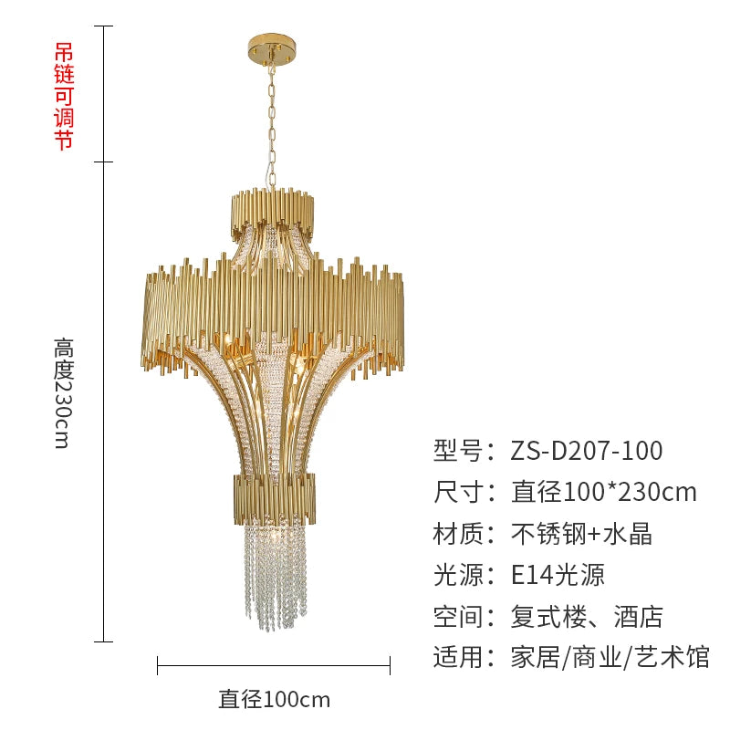 Nordic luxury stainless steel crystal living room chandelier duplex building villa model room hotel lighting ceiling lamp