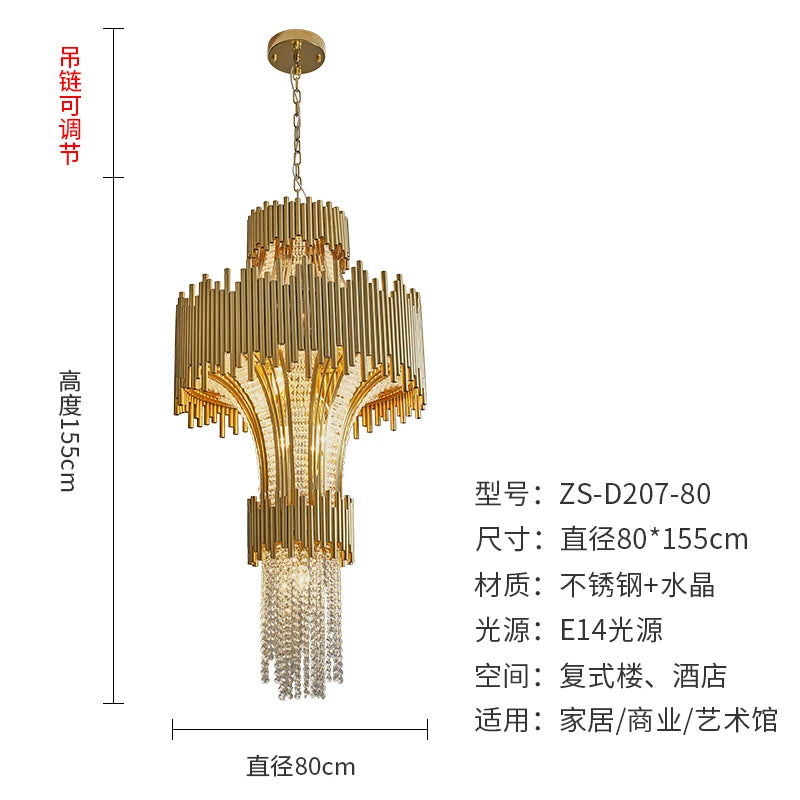 Nordic luxury stainless steel crystal living room chandelier duplex building villa model room hotel lighting ceiling lamp