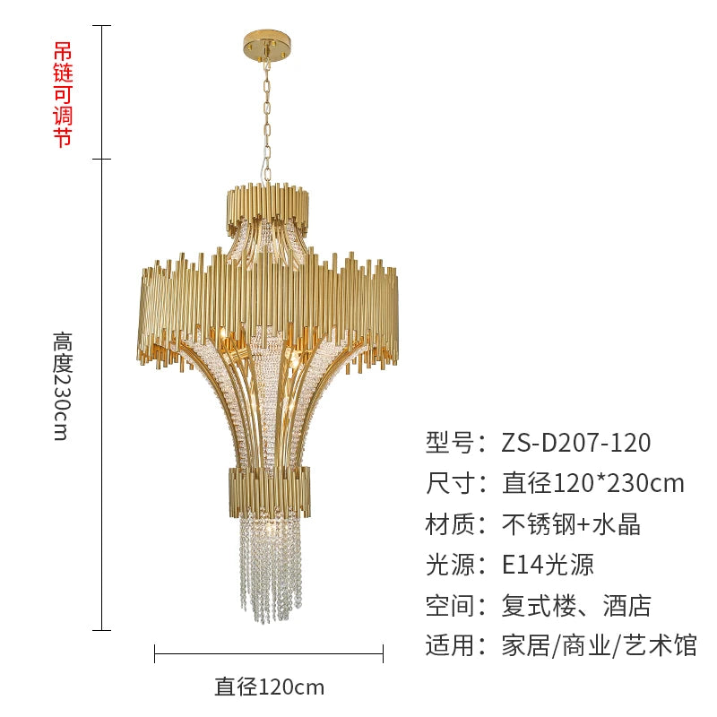 Nordic luxury stainless steel crystal living room chandelier duplex building villa model room hotel lighting ceiling lamp