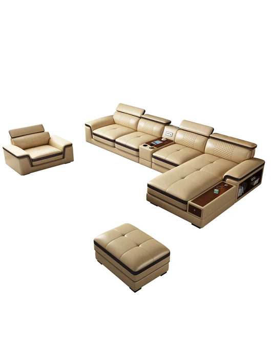 Nordic top layer leather edging functional sofa, leisure size, living room storage combination