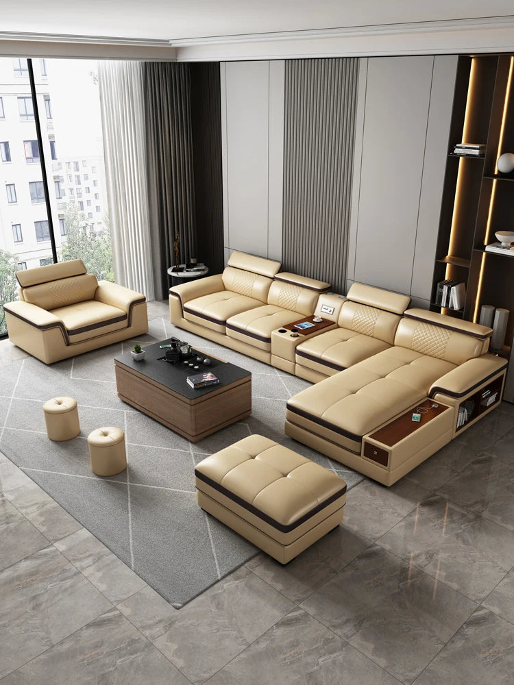 Nordic top layer leather edging functional sofa, leisure size, living room storage combination