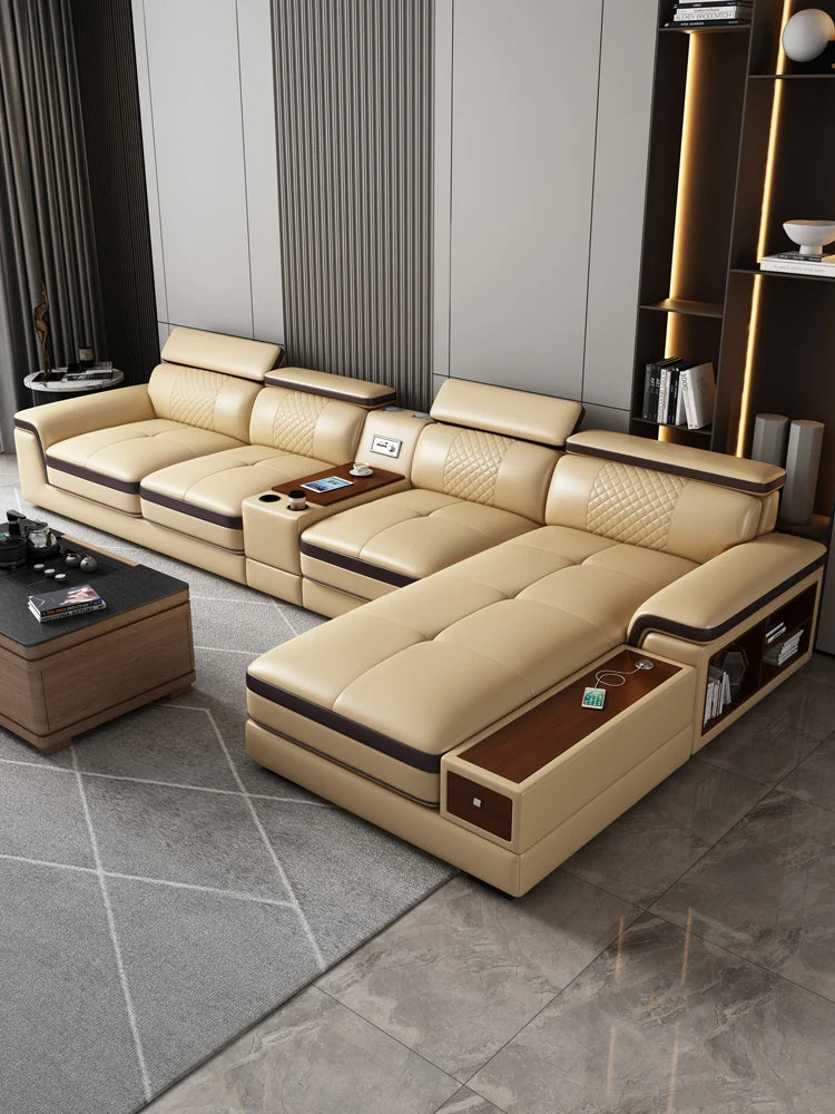 Nordic top layer leather edging functional sofa, leisure size, living room storage combination