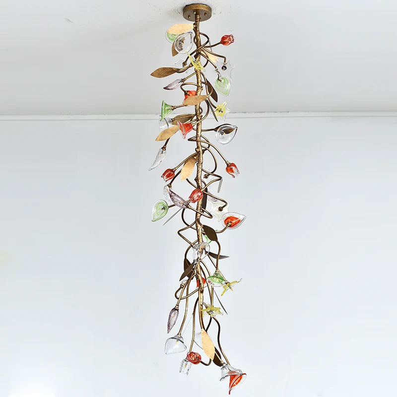 ODYSEN ART DECO Chandelier for Staircase Villa Hallway Long Led Copper Creative Lobby Loft Light Flower Glass Lamp Large House