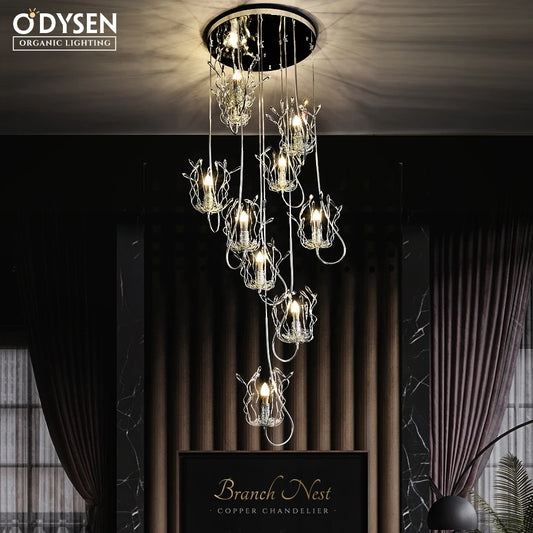 ODYSEN ART DECO Chandelier for Staircase Villa Hallway Long Led Copper Creative Lobby Loft Light Silver Crysta Lamp Large House