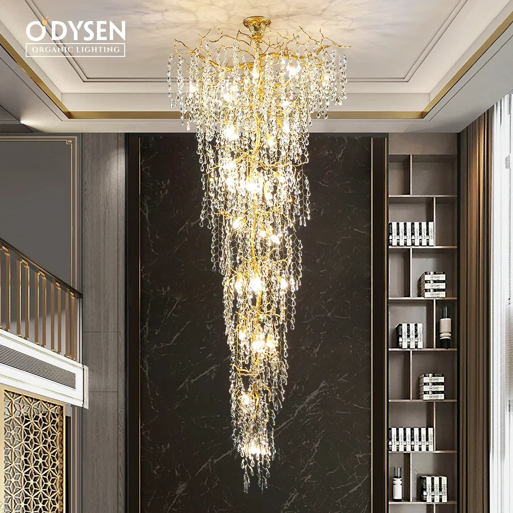 ODYSEN ART DECO Staircase Chandelier Long Led Copper Light for Large Hallway Lobby Loft Villa Glass Lamp Stair Home  Decorative