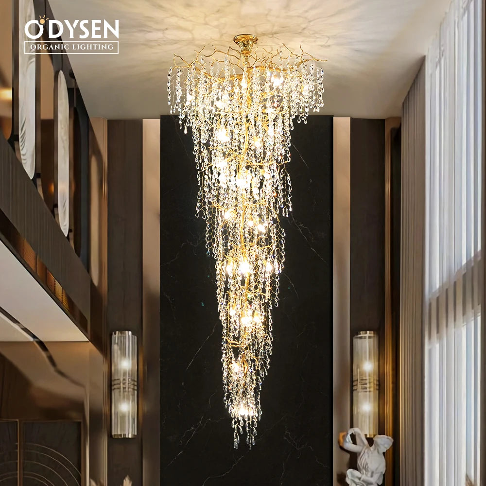 ODYSEN ART DECO Staircase Chandelier Long Led Copper Light for Large Hallway Lobby Loft Villa Glass Lamp Stair Home  Decorative