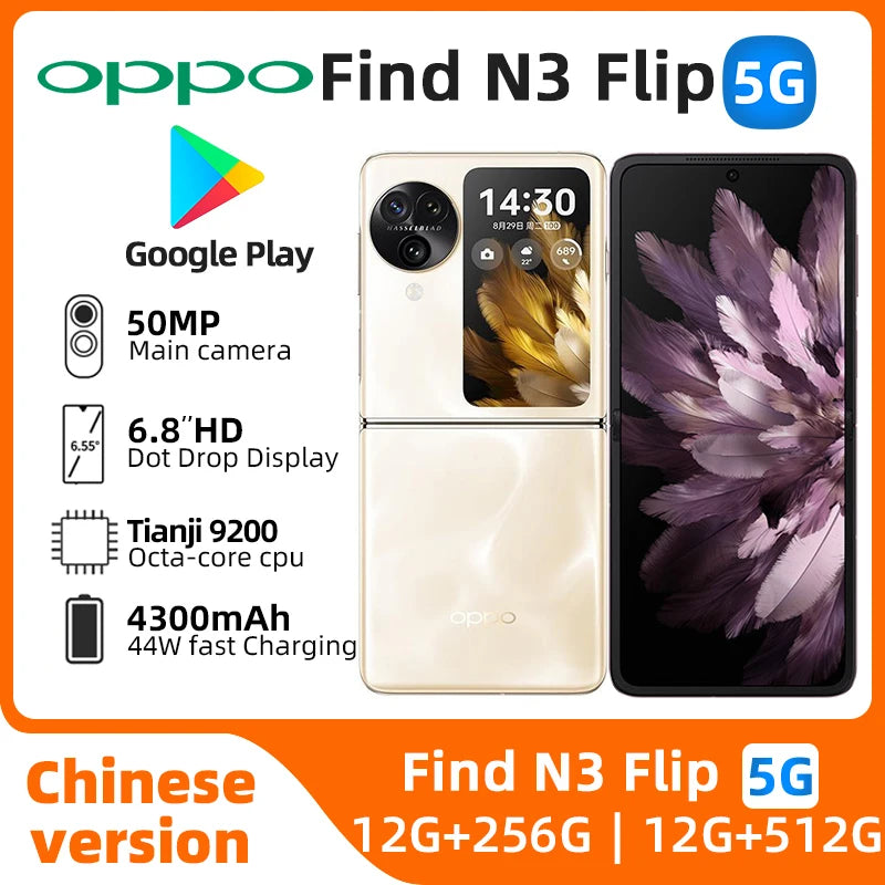 OPPO Find N3 Flip Smartphone 6.8Inch 120HZ  Dimensity 9200 4300mAh Battery NFC Google Play Store Cell Phone OTG used phone