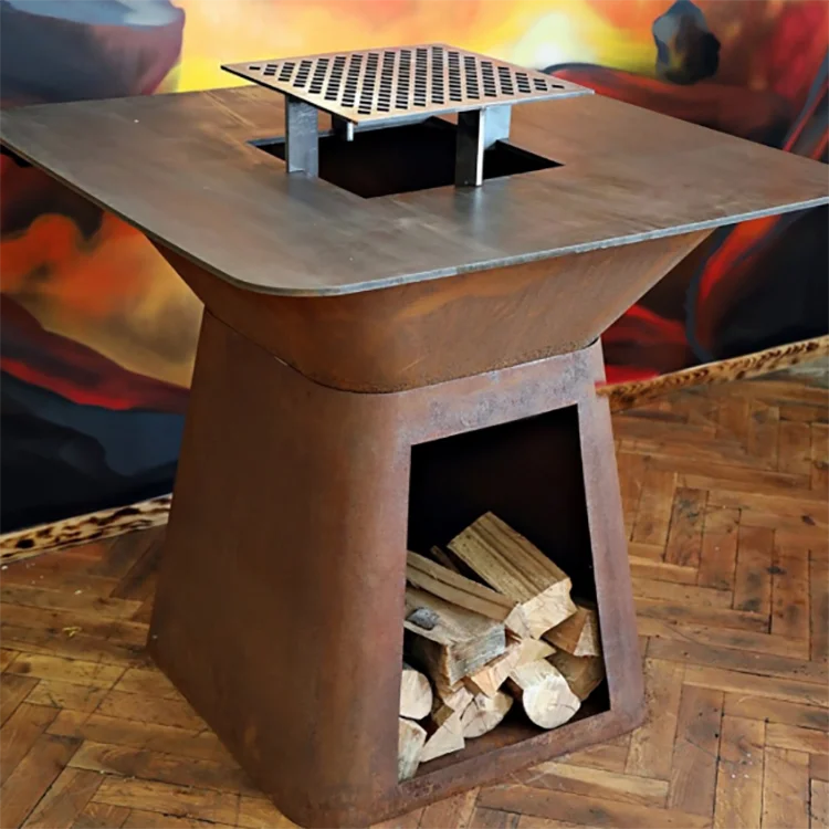 Outdoor corten steel fire pit BBQ with cooking grill