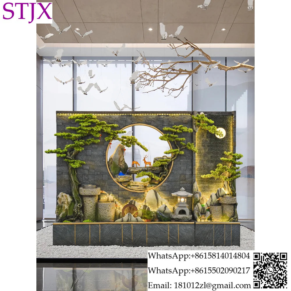 Outdoor courtyard rockery and flowing water floor water curtain wall landscaping landscape villa office porch decoration