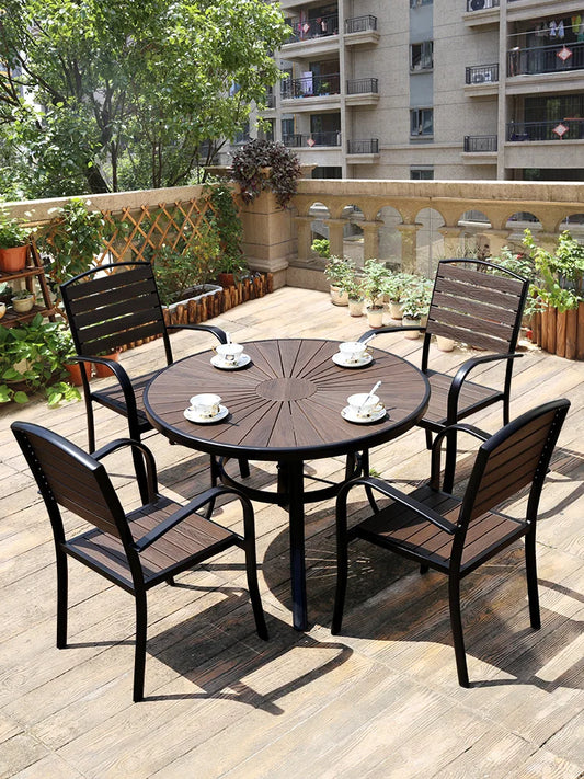 Outdoor tables and chairs, garden, courtyard, plastic wood, iron art, anti-corrosion wood, leisure chairs, outdoor tables