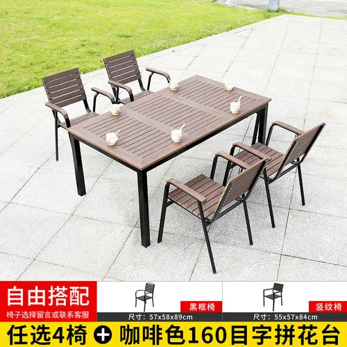 Outdoor tables and chairs, garden, courtyard, plastic wood, iron art, anti-corrosion wood, leisure chairs, outdoor tables