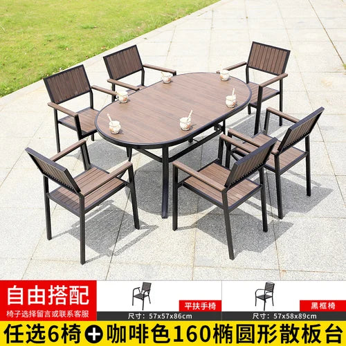 Outdoor tables and chairs, garden, courtyard, plastic wood, iron art, anti-corrosion wood, leisure chairs, outdoor tables