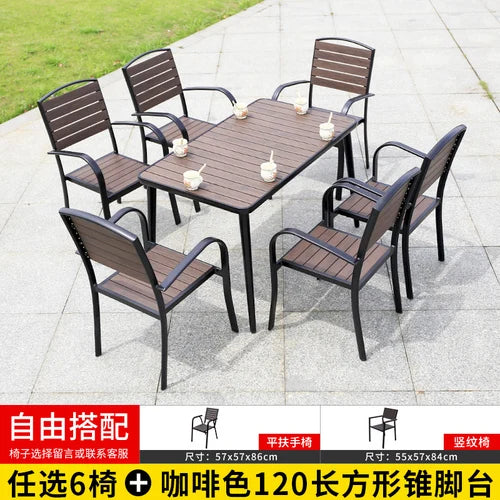 Outdoor tables and chairs, garden, courtyard, plastic wood, iron art, anti-corrosion wood, leisure chairs, outdoor tables