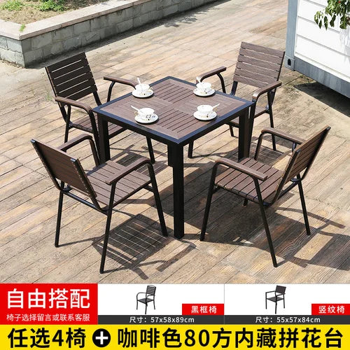 Outdoor tables and chairs, garden, courtyard, plastic wood, iron art, anti-corrosion wood, leisure chairs, outdoor tables