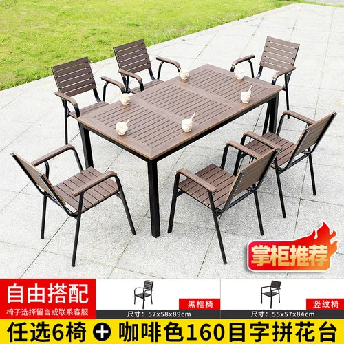 Outdoor tables and chairs, garden, courtyard, plastic wood, iron art, anti-corrosion wood, leisure chairs, outdoor tables