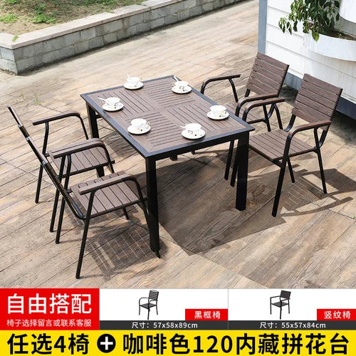 Outdoor tables and chairs, garden, courtyard, plastic wood, iron art, anti-corrosion wood, leisure chairs, outdoor tables