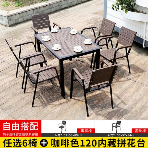 Outdoor tables and chairs, garden, courtyard, plastic wood, iron art, anti-corrosion wood, leisure chairs, outdoor tables