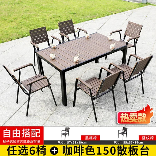 Outdoor tables and chairs, garden, courtyard, plastic wood, iron art, anti-corrosion wood, leisure chairs, outdoor tables