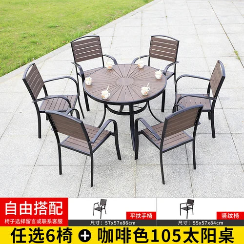 Outdoor tables and chairs, garden, courtyard, plastic wood, iron art, anti-corrosion wood, leisure chairs, outdoor tables