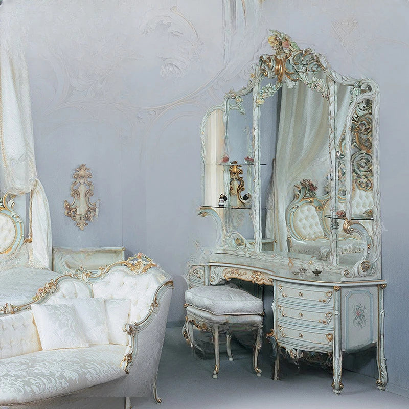 Painted double princess bed, French court solid wood wedding bed, baroque European luxury 2m carved bed