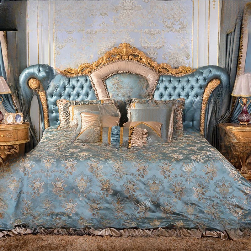 Palace European style solid wood carved bed French luxury fabric double wedding bed Baroque villa furniture