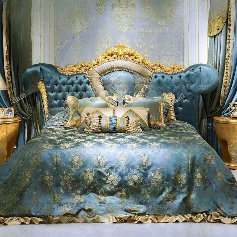 Palace European style solid wood carved bed French luxury fabric double wedding bed Baroque villa furniture