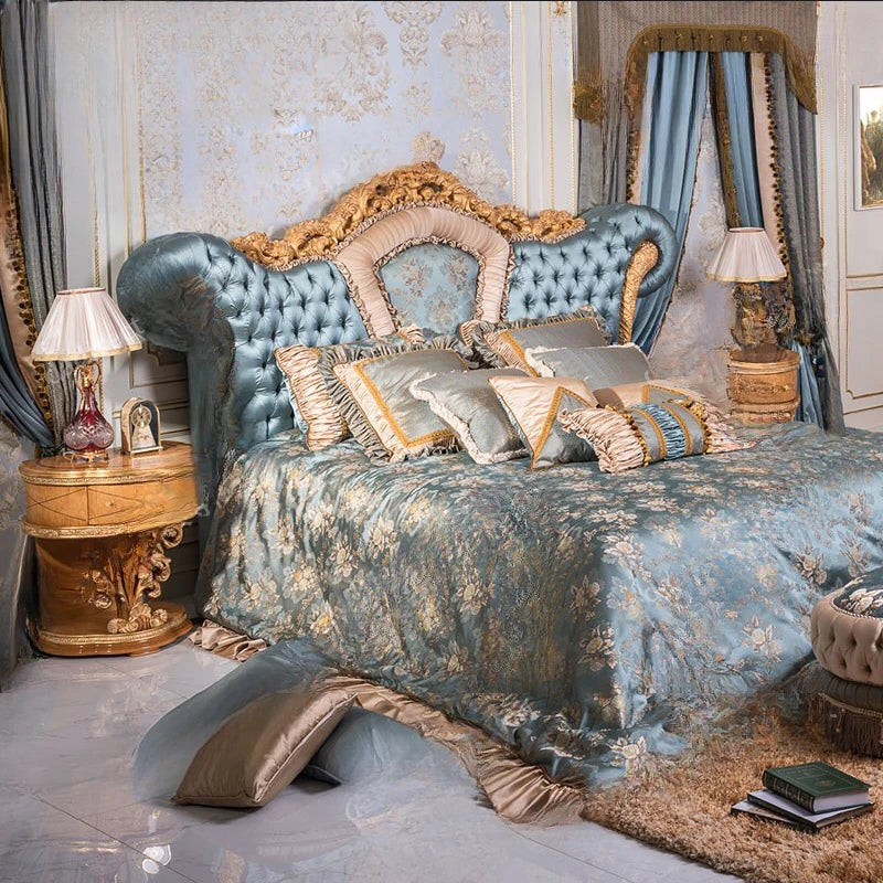 Palace European style solid wood carved bed French luxury fabric double wedding bed Baroque villa furniture