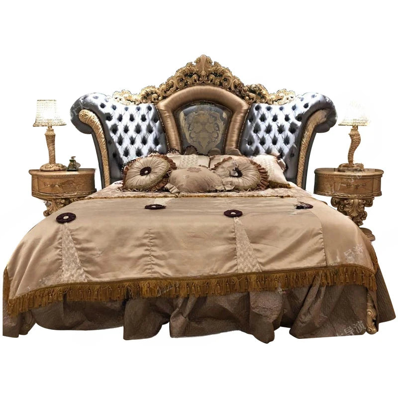 Palace European style solid wood carved bed French luxury fabric double wedding bed Baroque villa furniture