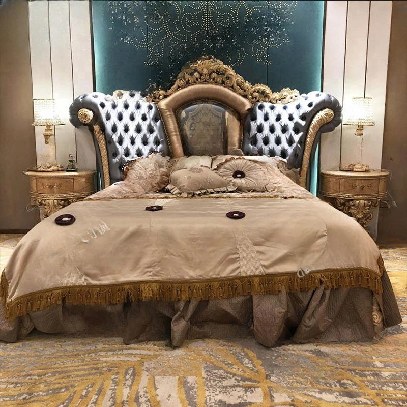 Palace European style solid wood carved bed French luxury fabric double wedding bed Baroque villa furniture