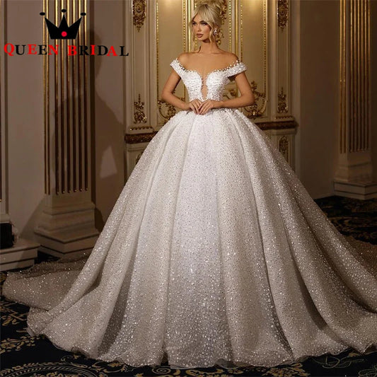 Pearls Sequined Wedding Dresses Off The Shoulder Sweetheart Sleeveless Luxury Bridal Ball Gowns Robe De Mariée Custom Y53X