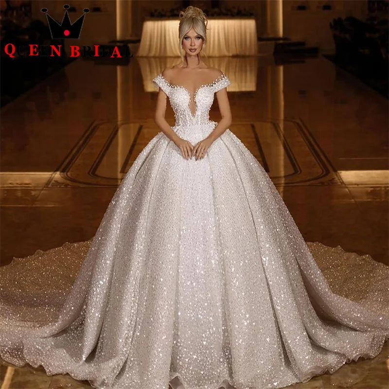 Pearls Sequined Wedding Dresses Off The Shoulder Sweetheart Sleeveless Luxury Bridal Ball Gowns Robe De Mariée Custom Y53X