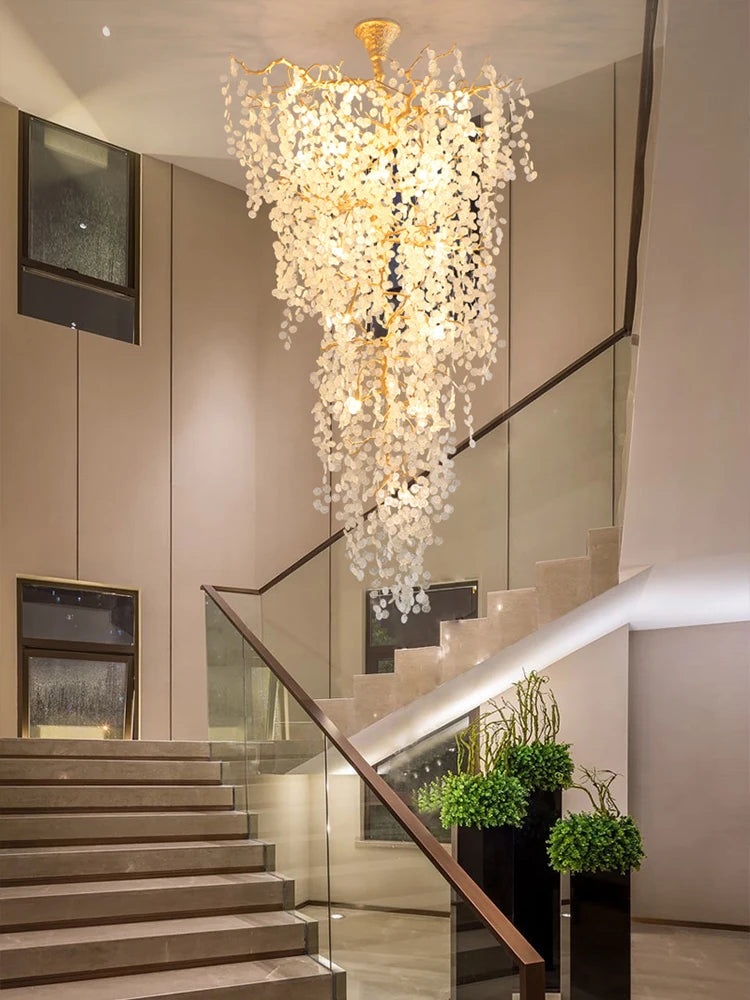 Post-modern light luxury villa living room large chandelier, double floor simple copper branch staircase lamp