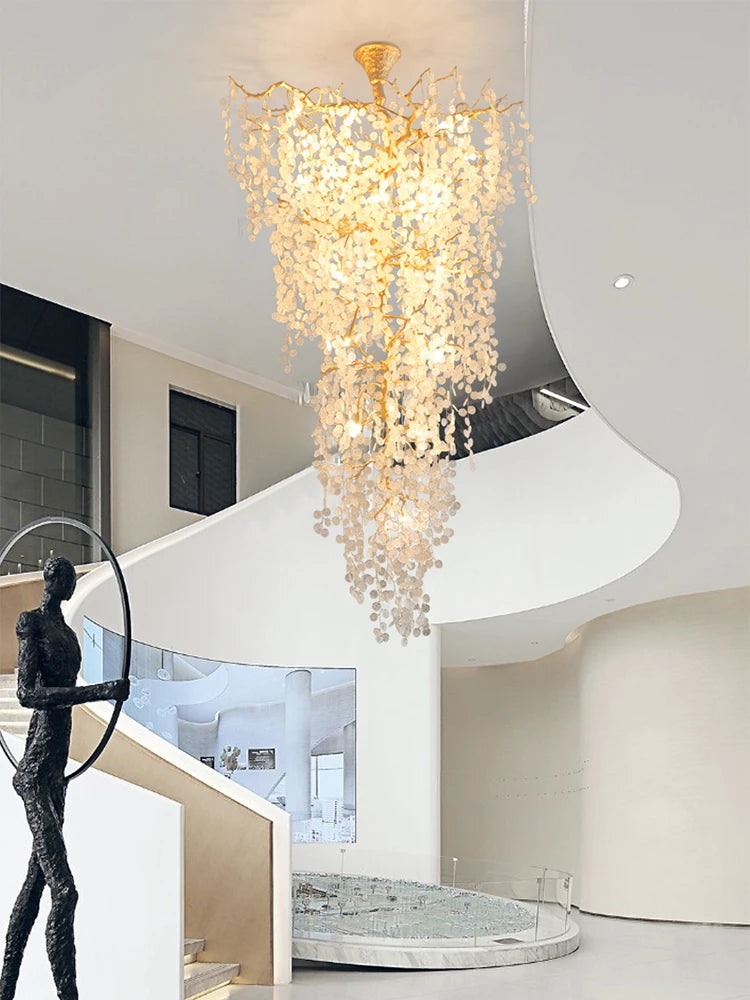 Post-modern light luxury villa living room large chandelier, double floor simple copper branch staircase lamp