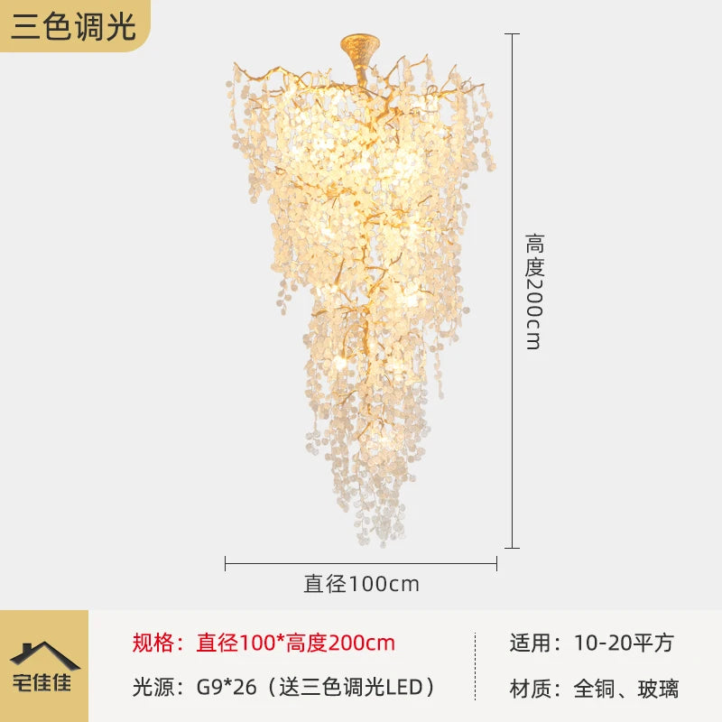 Post-modern light luxury villa living room large chandelier, double floor simple copper branch staircase lamp