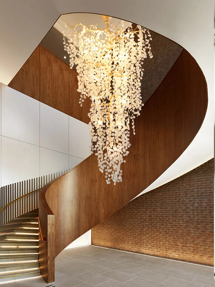 Post-modern light luxury villa living room large chandelier, double floor simple copper branch staircase lamp