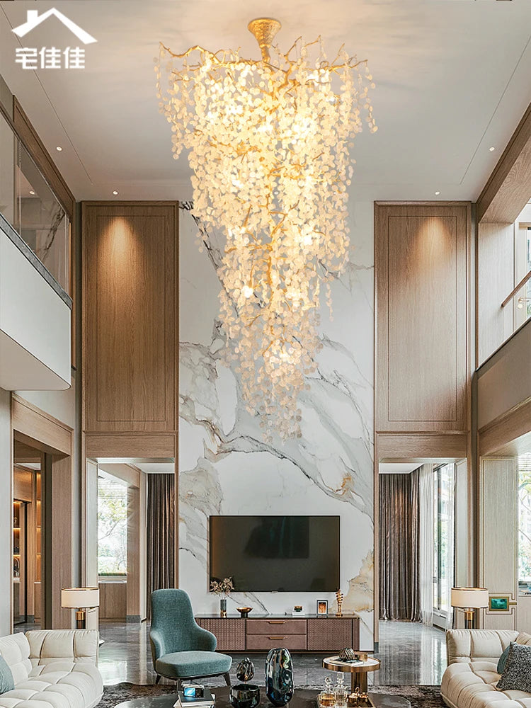 Post-modern light luxury villa living room large chandelier, double floor simple copper branch staircase lamp