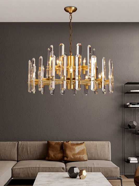 Post-modern luxury copper chandelier simple living room dining room lamp villa bedroom atmospheric crystal lights