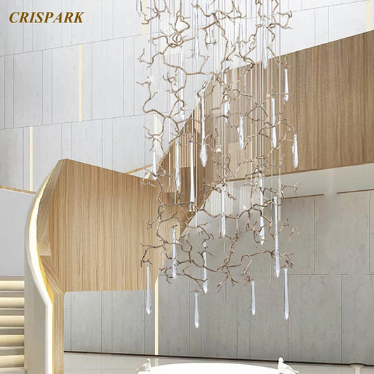 Postmodern Clear Crystal Chandelier Light LED Luxury Copper Branch Waterdrop Linear Project Lamp Art Deco Staircase Loft Villa