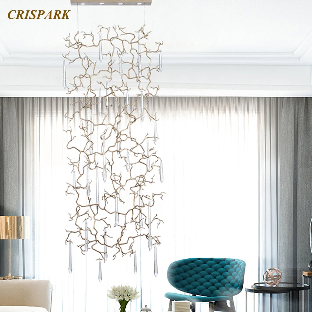 Postmodern Clear Crystal Chandelier Light LED Luxury Copper Branch Waterdrop Linear Project Lamp Art Deco Staircase Loft Villa