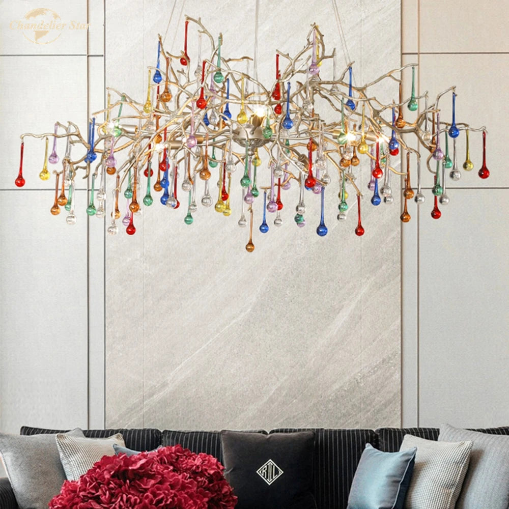 Postmodern LED Chandeliers Lighting Glass Luxury Copper Tree Branch Colorful Lamp for Living Room Bedroom Dining Room Villa