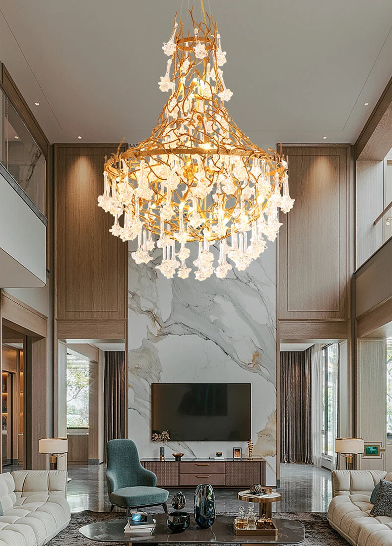 Postmodern simple duplex staircase chandelier, light luxury living room, villa hall, crystal all-copper long chandelier