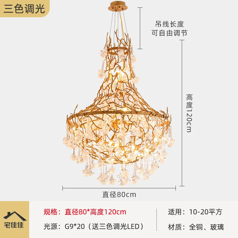 Postmodern simple duplex staircase chandelier, light luxury living room, villa hall, crystal all-copper long chandelier