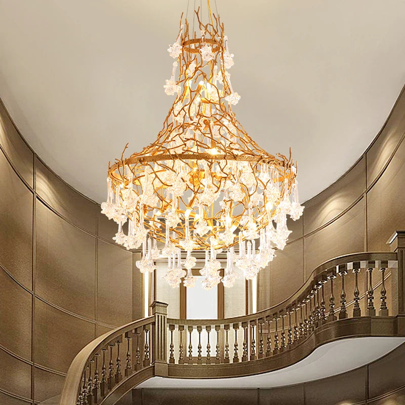 Postmodern simple duplex staircase chandelier, light luxury living room, villa hall, crystal all-copper long chandelier