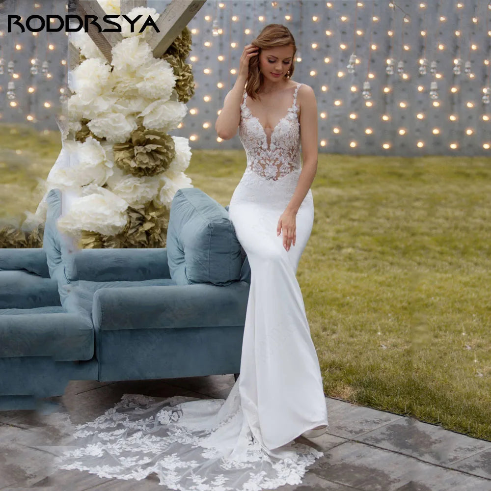 RODDRSYA Exquisite Spaghetti Straps Wedding Dress Backless Applique V-Neck Mermaid Vestido De Novia Bridal Gown 2024 Custom Made