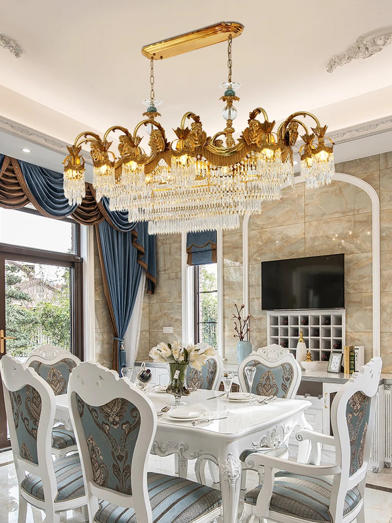 Restaurant French Crystal Chandelier Dewaxed Brass Rectangular Hanging Lamp Villa Luxury Personality Creative LED Pendant Light