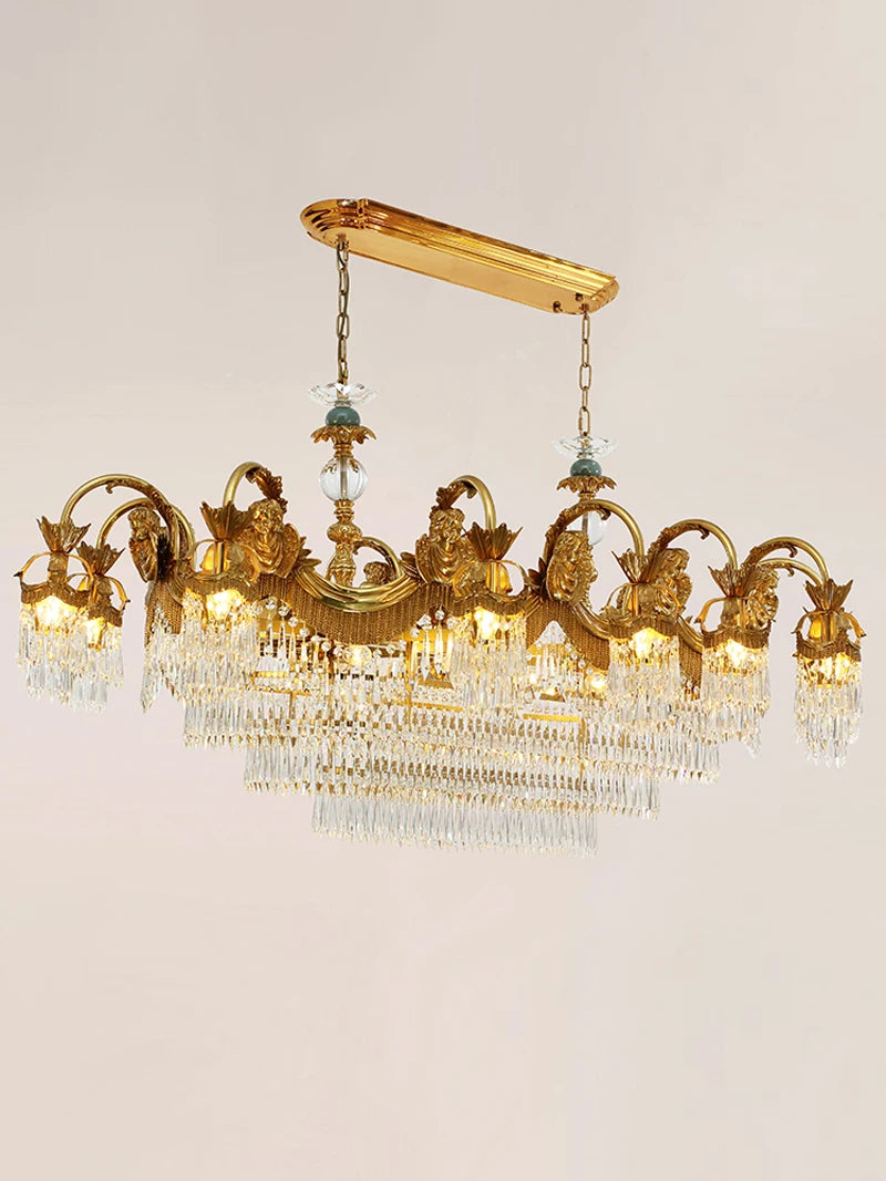 Restaurant French Crystal Chandelier Dewaxed Brass Rectangular Hanging Lamp Villa Luxury Personality Creative LED Pendant Light