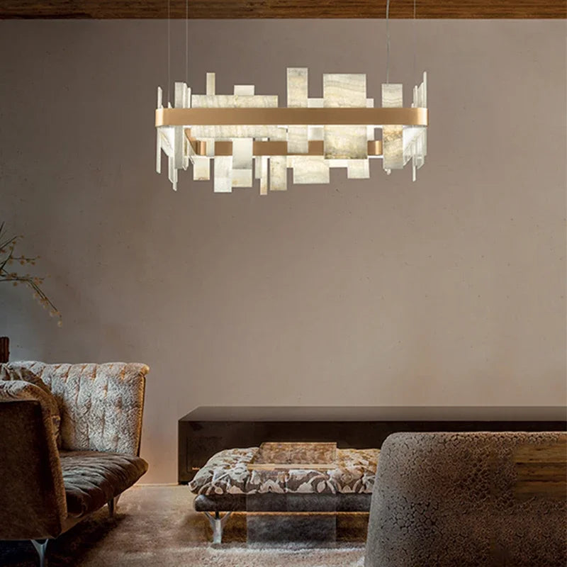 Retro Marble Series LED Chandelier Living Room Lighting Glossy Hanging Light Fixture