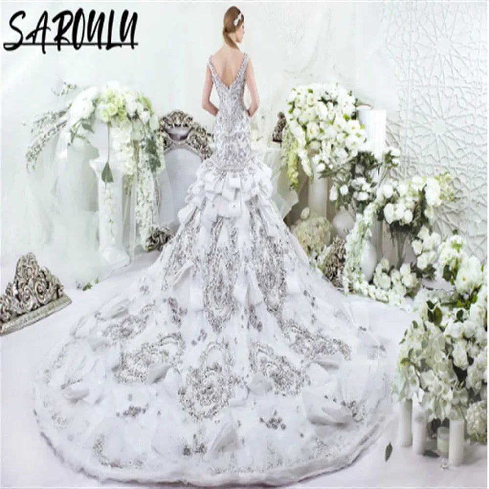 Romantic Tank Sleeve Floor-length Wedding Dress Luxury Beadings Appliques Bridal Gown Elegant Vestidos De Novia